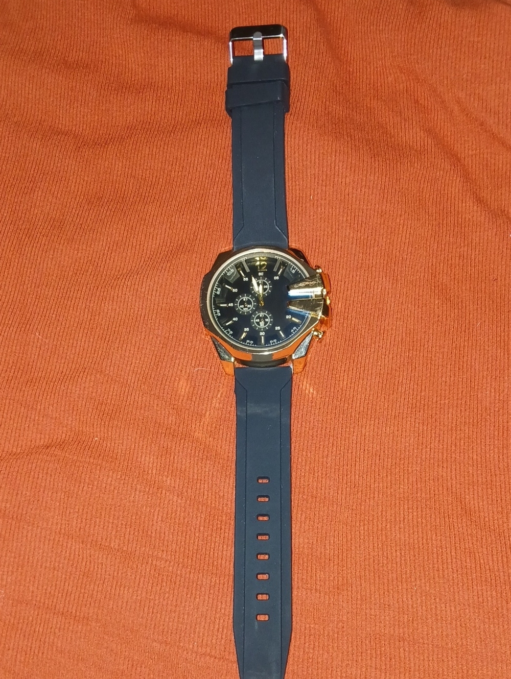 Ed Hardy Gold-Tone Chronograph Watch with Black Dial and Black Silicone Strap